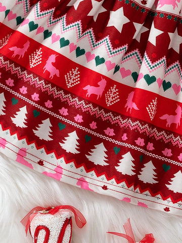 Young Girl Thin Style Christmas Series Casual Comfortable All-Over Cartoon Print Round Neck Long Sleeve Dress