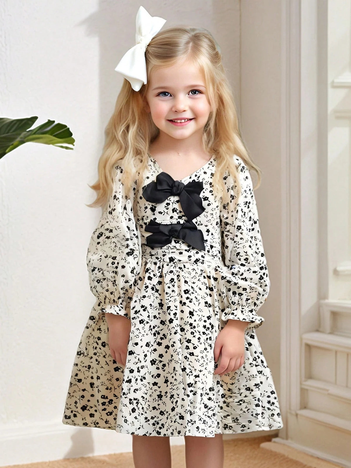 Young Girl Three-Dimensional Bow Floral Wrap Dress, Great For Casual & Daily Wear & School Daily In Spring And Autumn