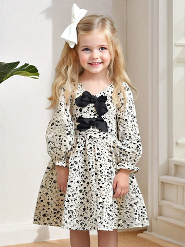 Young Girl Three-Dimensional Bow Floral Wrap Dress, Great For Casual & Daily Wear & School Daily In Spring And Autumn