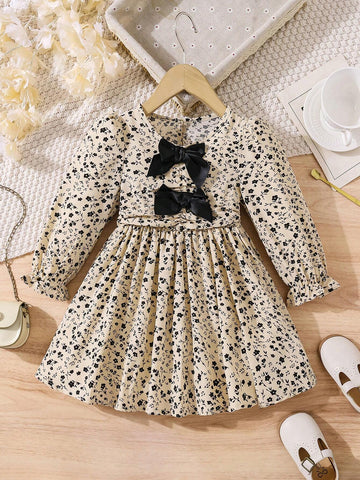 Young Girl Three-Dimensional Bow Floral Wrap Dress, Great For Casual & Daily Wear & School Daily In Spring And Autumn