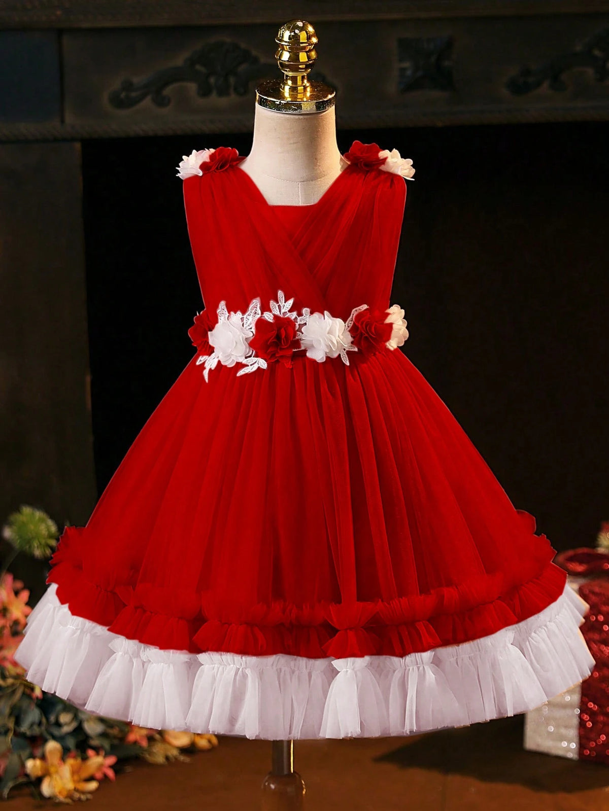 Young Girl Three-Dimensional Red Flower Contrasting Mesh Ruffle Flower Girl Dress Birthday Party Suitable For Outdoor Indoor