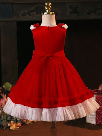 Young Girl Three-Dimensional Red Flower Contrasting Mesh Ruffle Flower Girl Dress Birthday Party Suitable For Outdoor Indoor