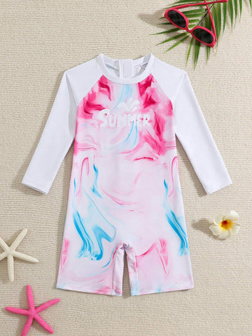 Young Girl Tie-Dye Letter Print Round Neck Raglan Sleeve Long Sleeve Casual Graphic One-Piece Swimsuit With Shorts