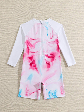 Young Girl Tie-Dye Letter Print Round Neck Raglan Sleeve Long Sleeve Casual Graphic One-Piece Swimsuit With Shorts
