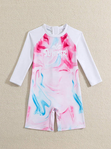 Young Girl Tie-Dye Letter Print Round Neck Raglan Sleeve Long Sleeve Casual Graphic One-Piece Swimsuit With Shorts