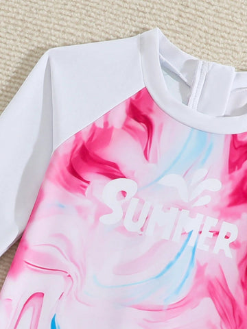 Young Girl Tie-Dye Letter Print Round Neck Raglan Sleeve Long Sleeve Casual Graphic One-Piece Swimsuit With Shorts
