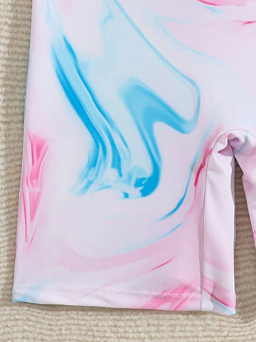 Young Girl Tie-Dye Letter Print Round Neck Raglan Sleeve Long Sleeve Casual Graphic One-Piece Swimsuit With Shorts