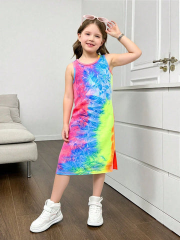 Young Girl Tie Dye Round Neck Fitted Casual Knit Dress