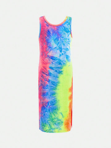 Young Girl Tie Dye Round Neck Fitted Casual Knit Dress