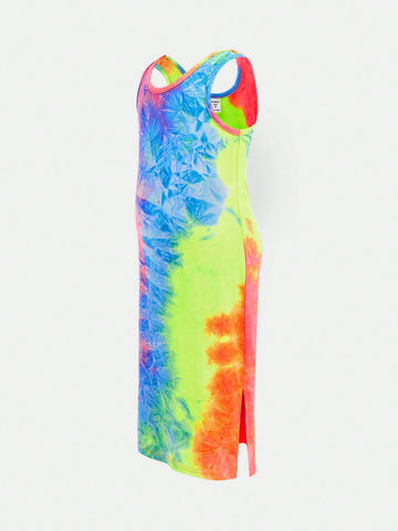 Young Girl Tie Dye Round Neck Fitted Casual Knit Dress