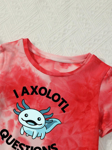 Young Girl Tie Dye Slogan & Cartoon Graphic Tee Dress For Summer