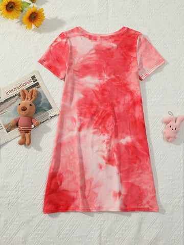 Young Girl Tie Dye & Figure Graphic Tee Dress For Summer