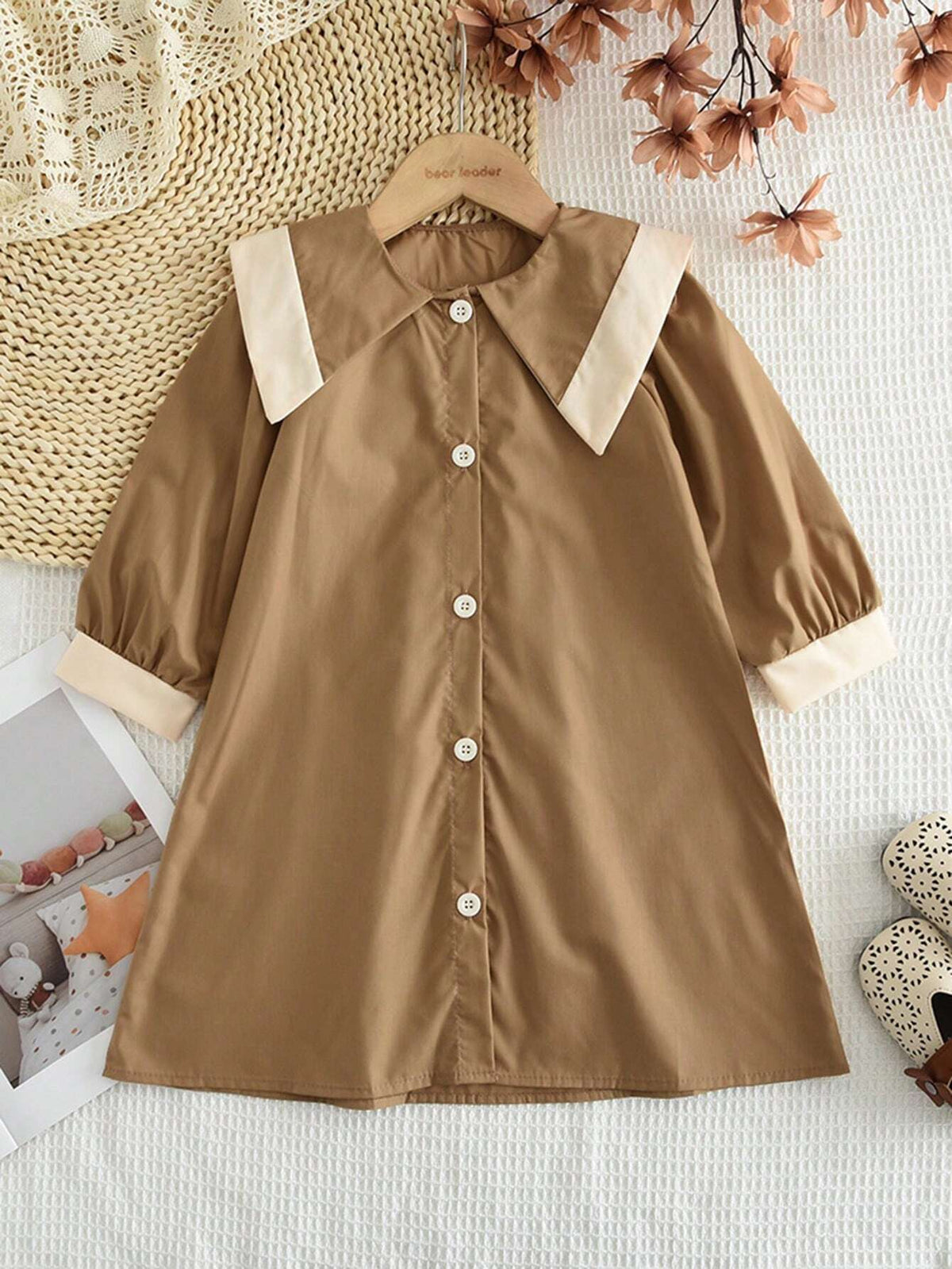 Young Girl Trendy British Style Mid-Length Windbreaker Dress Set, Spring And Autumn