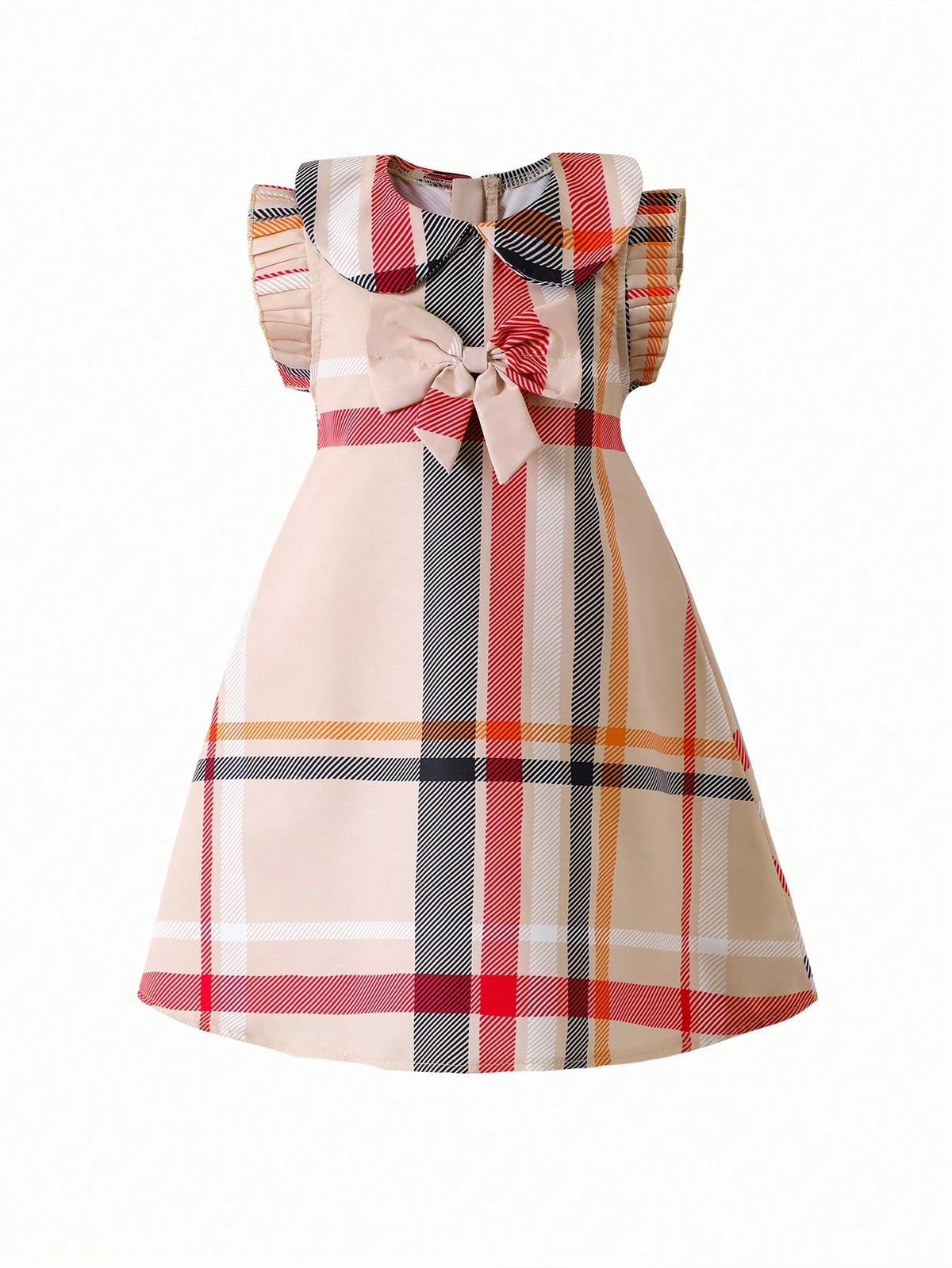 Young Girl Trendy Cute Plaid Ruffle Collar Bow Sleeveless Dress, Suitable For Spring/Summer