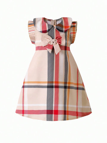 Young Girl Trendy Cute Plaid Ruffle Collar Bow Sleeveless Dress, Suitable For Spring/Summer