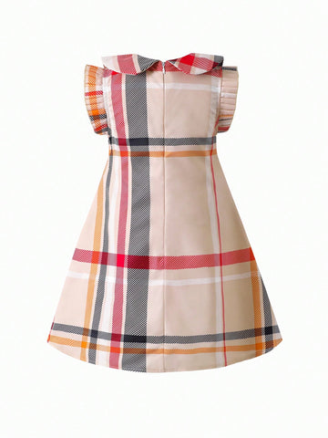 Young Girl Trendy Cute Plaid Ruffle Collar Bow Sleeveless Dress, Suitable For Spring/Summer