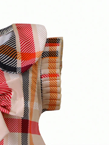 Young Girl Trendy Cute Plaid Ruffle Collar Bow Sleeveless Dress, Suitable For Spring/Summer