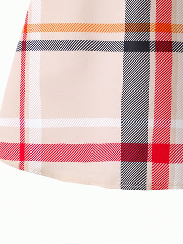 Young Girl Trendy Cute Plaid Ruffle Collar Bow Sleeveless Dress, Suitable For Spring/Summer