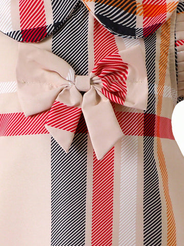 Young Girl Trendy Cute Plaid Ruffle Collar Bow Sleeveless Dress, Suitable For Spring/Summer