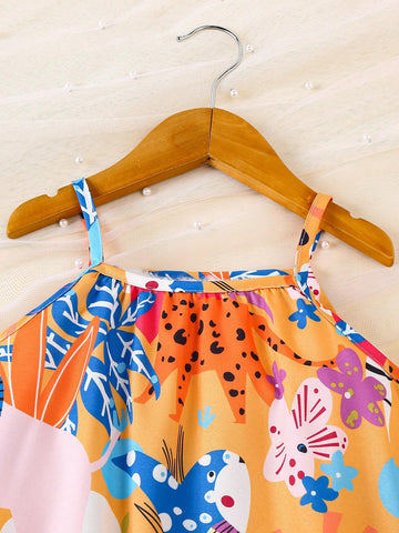 Young Girl Tropical Print Ruffle Hem Cami Dress For Vacation & Casual Wear