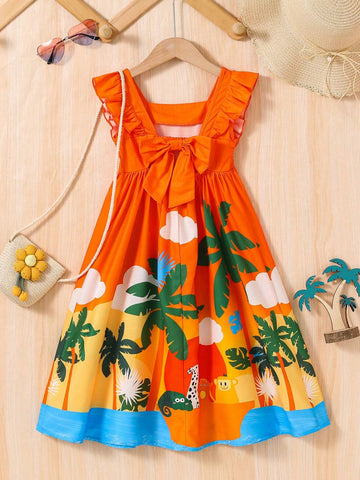 Young Girl Tropical Print Woven Plain Square Neck Sleeveless Dress