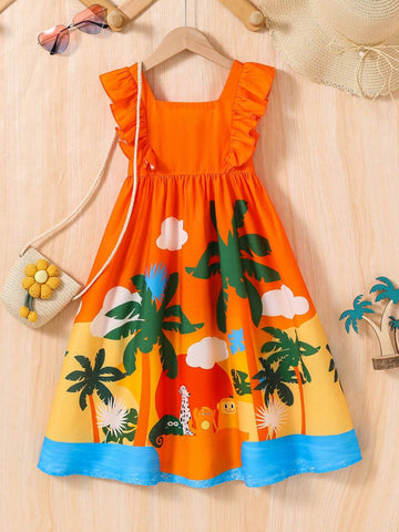 Young Girl Tropical Print Woven Plain Square Neck Sleeveless Dress