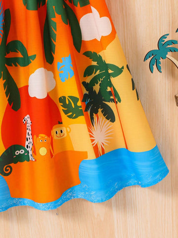 Young Girl Tropical Print Woven Plain Square Neck Sleeveless Dress