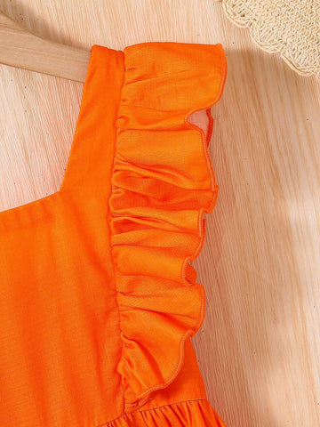 Young Girl Tropical Print Woven Plain Square Neck Sleeveless Dress