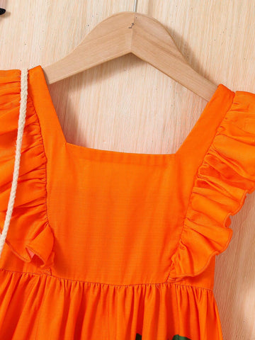 Young Girl Tropical Print Woven Plain Square Neck Sleeveless Dress