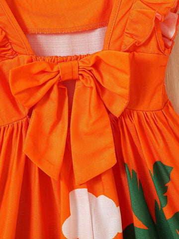 Young Girl Tropical Print Woven Plain Square Neck Sleeveless Dress