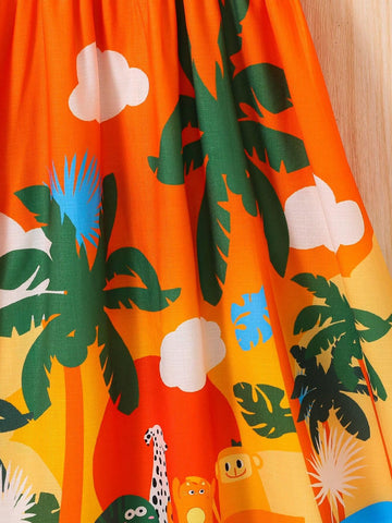 Young Girl Tropical Print Woven Plain Square Neck Sleeveless Dress