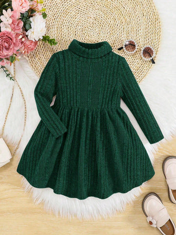 Young Girl Turtleneck Ribbed Knit Flare Hem Comfortable Leisure Dress , For Holiday ,Sister And Me Matching, Mom And Daughter