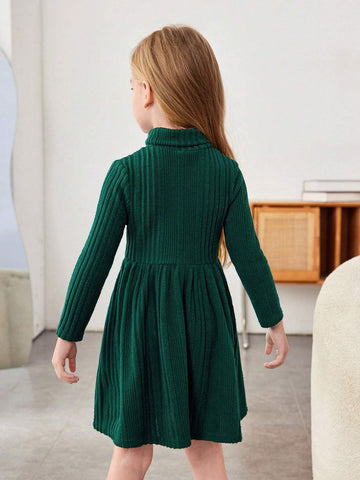 Young Girl Turtleneck Ribbed Knit Flare Hem Comfortable Leisure Dress , For Holiday ,Sister And Me Matching, Mom And Daughter