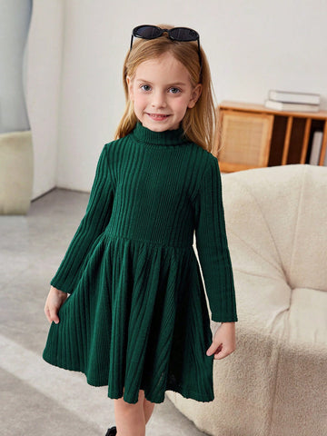 Young Girl Turtleneck Ribbed Knit Flare Hem Comfortable Leisure Dress , For Holiday ,Sister And Me Matching, Mom And Daughter