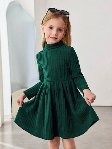 Young Girl Turtleneck Ribbed Knit Flare Hem Comfortable Leisure Dress , For Holiday ,Sister And Me Matching, Mom And Daughter