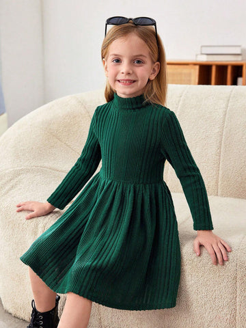 Young Girl Turtleneck Ribbed Knit Flare Hem Comfortable Leisure Dress , For Holiday ,Sister And Me Matching, Mom And Daughter