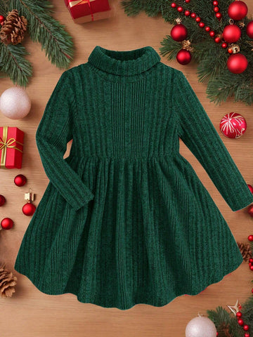 Young Girl Turtleneck Ribbed Knit Flare Hem Comfortable Leisure Dress , For Holiday ,Sister And Me Matching, Mom And Daughter