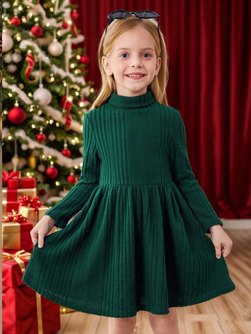 Young Girl Turtleneck Ribbed Knit Flare Hem Comfortable Leisure Dress , For Holiday ,Sister And Me Matching, Mom And Daughter