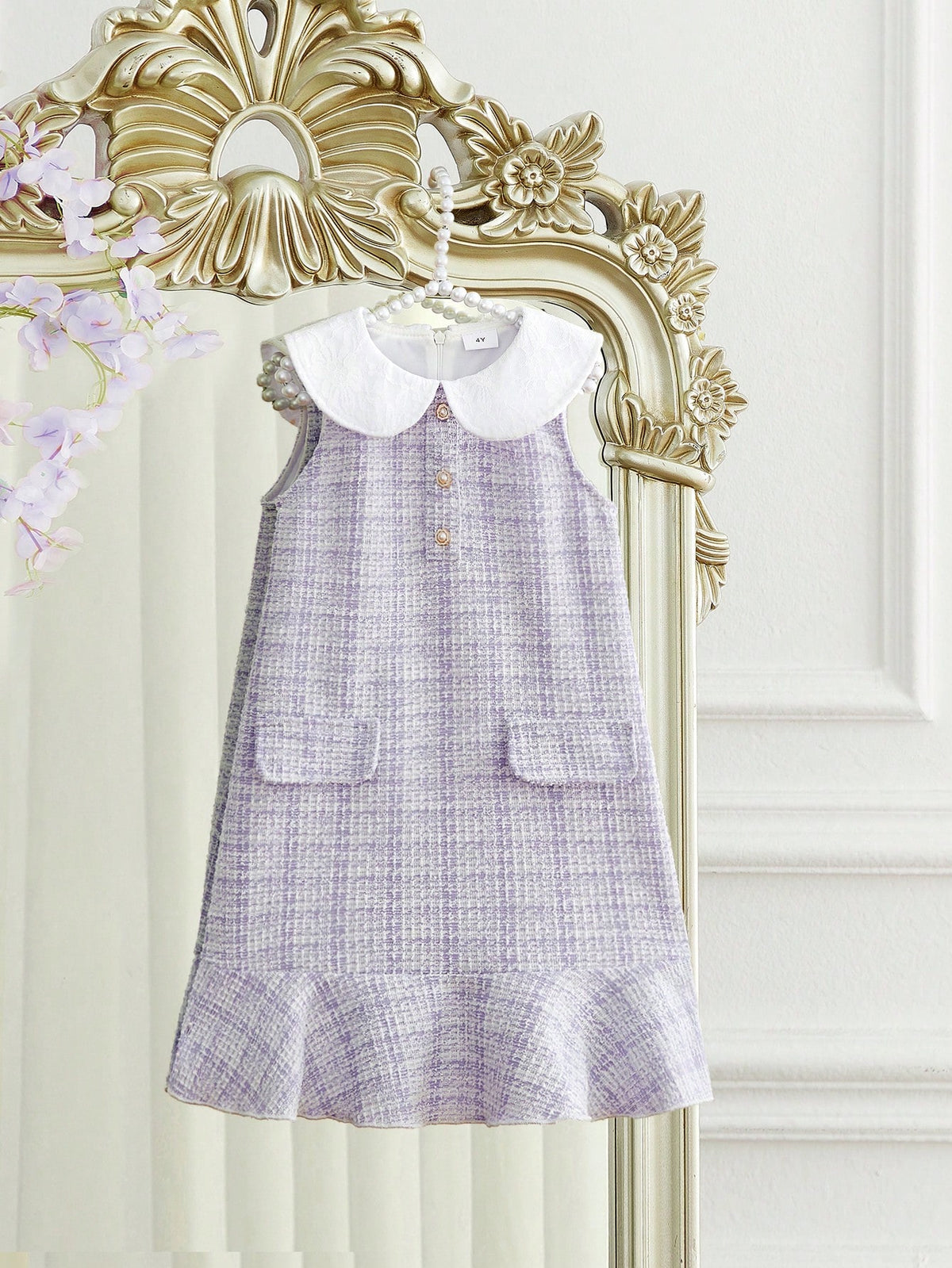 Young Girl Tweed Lace Collar Sleeveless A-Line Dress, Purple & White Elegant Princess Style, Spring & Autumn