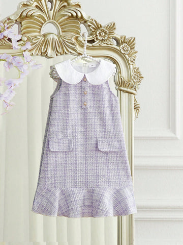 Young Girl Tweed Lace Collar Sleeveless A-Line Dress, Purple & White Elegant Princess Style, Spring & Autumn