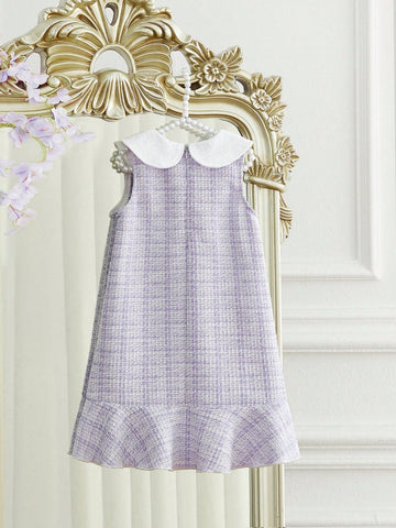 Young Girl Tweed Lace Collar Sleeveless A-Line Dress, Purple & White Elegant Princess Style, Spring & Autumn