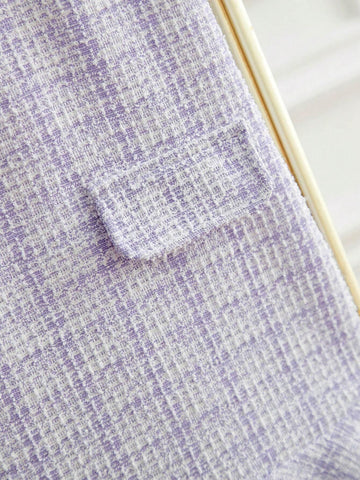 Young Girl Tweed Lace Collar Sleeveless A-Line Dress, Purple & White Elegant Princess Style, Spring & Autumn