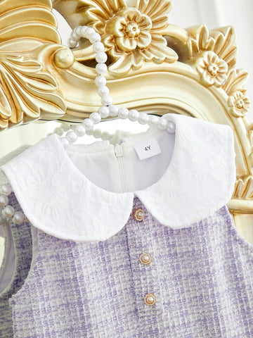 Young Girl Tweed Lace Collar Sleeveless A-Line Dress, Purple & White Elegant Princess Style, Spring & Autumn