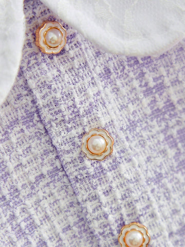 Young Girl Tweed Lace Collar Sleeveless A-Line Dress, Purple & White Elegant Princess Style, Spring & Autumn