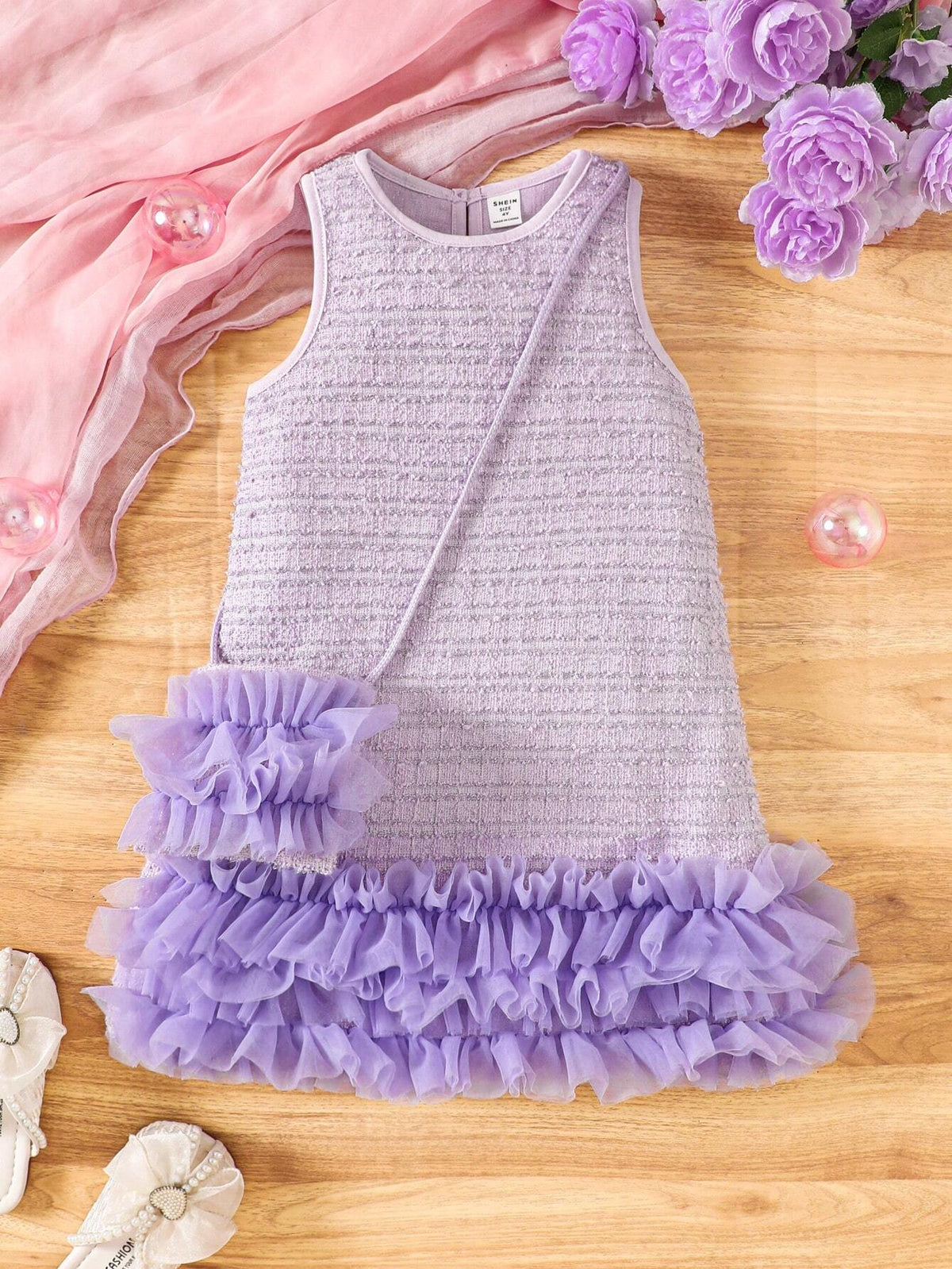 Young Girl Tweed Patchwork Tulle Ruffle Hem A-Line Dress