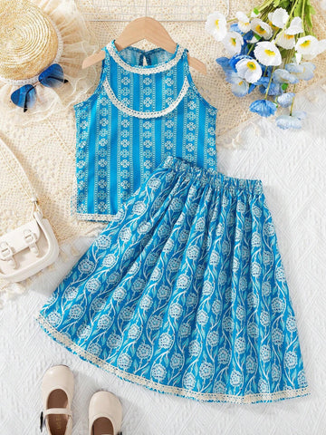 Young Girl Two-Piece Set, Cute And Casual Digital Print Top And Short Lace Skirt Retro Style Outfit, Summer