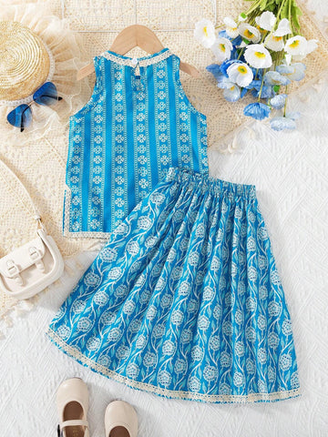Young Girl Two-Piece Set, Cute And Casual Digital Print Top And Short Lace Skirt Retro Style Outfit, Summer