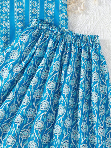 Young Girl Two-Piece Set, Cute And Casual Digital Print Top And Short Lace Skirt Retro Style Outfit, Summer