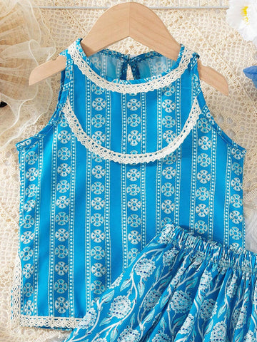 Young Girl Two-Piece Set, Cute And Casual Digital Print Top And Short Lace Skirt Retro Style Outfit, Summer