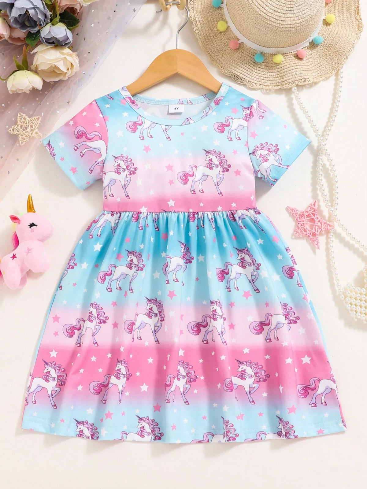 Young Girl Unicorn Cute Short Sleeve Dress For Young Girl, Spring & Summer